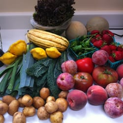 This weeks haul: peaches, plouts, strawberries, cantaloupe, tomatoes, kale, peppers, leeks, potatoes, lettuce