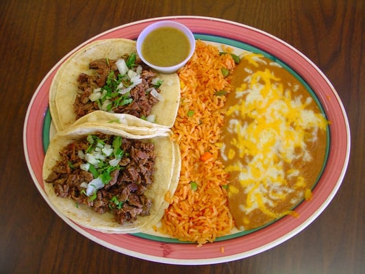 Two Tacos Plate - Two carne asada soft tacos with rice and ...